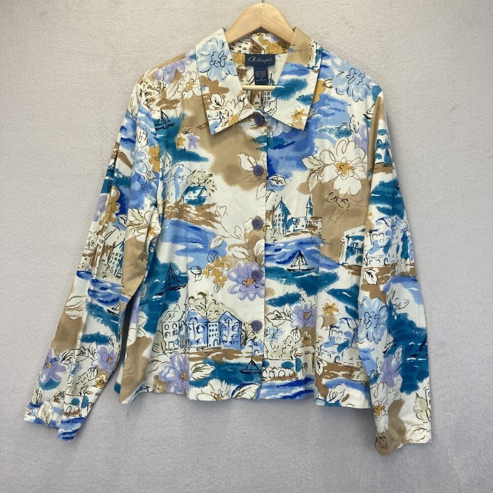 Artscapes Artsy Button Up Jacket Womens XL Blue Tan‎ Art to Wear Floral Scenic